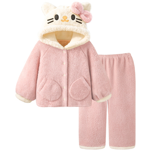 Pinksea睡衣女款冬超柔软珊瑚绒加厚保暖可爱猫咪家居服加绒套装