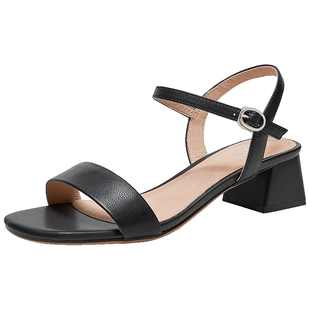 骆驼女鞋2026夏季新款法式真皮一字带休闲通勤高跟鞋粗跟时装凉鞋