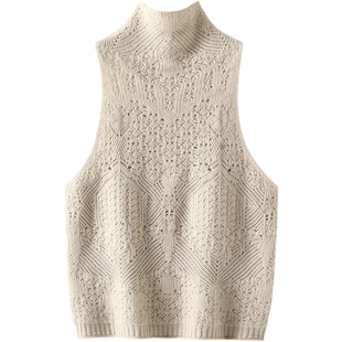 疯狂迷恋~羊绒背心马甲女纯羊绒毛衣立领无袖镂空提花羊绒马甲厚