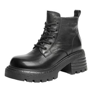 百丽女鞋英伦风真皮马丁靴子女冬款加绒保暖厚底休闲短靴B2942DD5