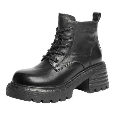 百丽女鞋英伦风真皮马丁靴子女冬款加绒保暖厚底休闲短靴B2942DD5