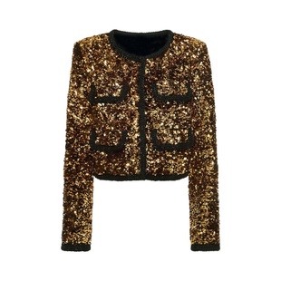 富家千金风高级感金灿灿多巴胺穿搭复古亮片长袖圆领短款上衣外套