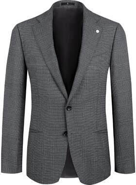 蓝豹绒面羊毛深灰格纹西服外套