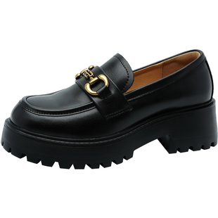 自由姿色女鞋春秋季百搭时尚马衔口厚底乐福鞋JK风粗跟小皮鞋女