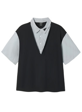 韦恩泽维尔大码假两件条纹衬衫