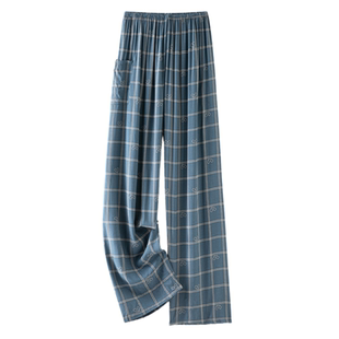 夏季男士款棉绸睡裤格子家居裤宽松可外穿沙滩长裤子青少年人造棉