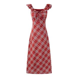 【落霞岛屿】法式复古红格纹连衣裙女夏气质显瘦荷叶边吊带长裙子