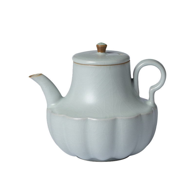 梵汝天青色汝窑莲花瓣茶壶高档汝瓷手执壶开片可养功夫茶具泡茶壶