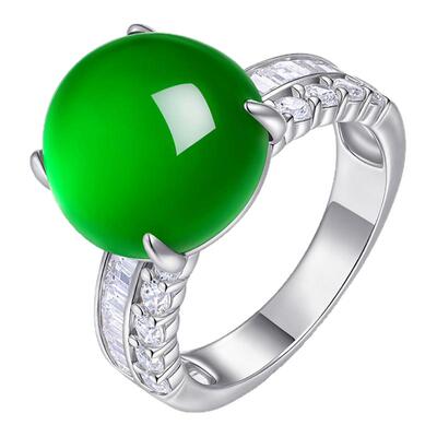 AILEQ925银天然玉髓新品满绿正圆蛋面欧若风戒指气质时尚品质珠宝