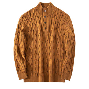 羊毛撞色亨利领冬季男士高尔夫老钱风绞花保暖针织半拉链立领毛衣