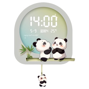 奶油风熊猫钟表挂钟餐厅装饰画时钟挂墙客厅电视背景墙挂画高级感