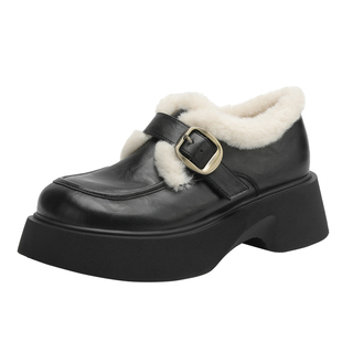 达芙妮厚底乐福鞋女鞋2025新款冬季棉鞋子英伦黑色加绒小皮鞋单鞋