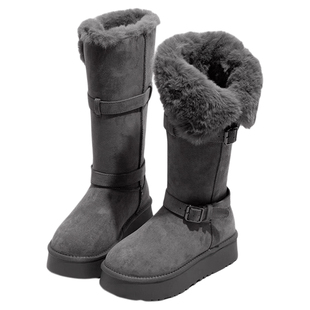 灰色长筒雪地靴女2025冬季新款厚底增高加绒加厚高筒鞋子毛绒绒面