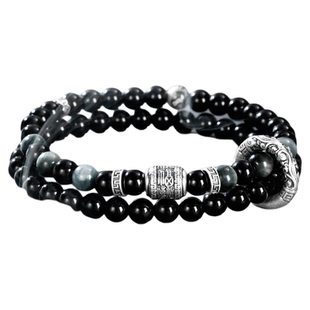 天然原矿乌金黑曜石手串男款999纯银招财转运珠双层送礼手链女生