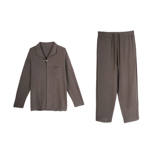 朵朵可可睡衣男2025秋冬新款简约小翻领针织薄绒柔软家居服套装