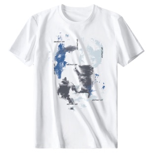 MrBu布先生水墨印花白色短袖T恤男士休闲纯棉圆领打底衫GT01130