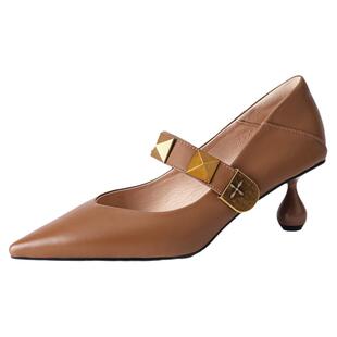 真皮6cm细跟尖头单鞋女一字带玛丽珍鞋春秋法式气质铆钉高跟鞋