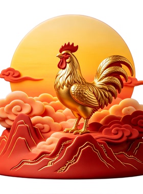 树脂金鸡报晓摆件旭日东升招财镇宅国风祥云山水高端桌面工艺品
