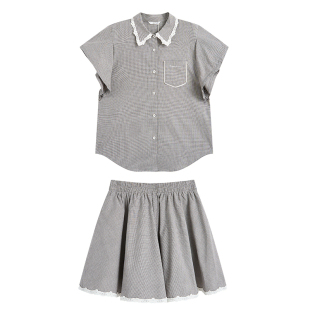 紫涵灰色复古宽松短袖衬衫松紧腰短款裙裤上下两件套装女夏季新款