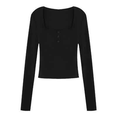 复古大圆方领修身针织打底上衣