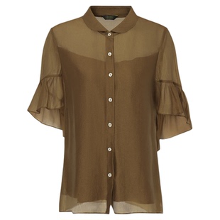 莱芙·艾迪儿法式光泽感轻薄短袖衬衫女夏季新款荷叶边设计上衣