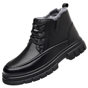 奥康 男鞋冬季新款男士头层牛皮加绒保暖羊毛高帮皮鞋休闲马丁靴H