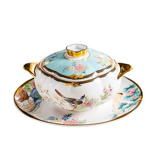 酒店中式陶瓷炖盅带盖骨瓷双耳燕窝碗带碟隔水炖甜品盅炖罐鸡蛋盅