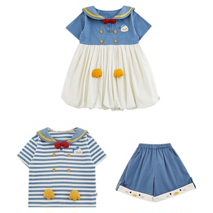 幼悠 女童2025夏季俏皮可爱海军风小鸭花苞裙/翻领衬衫短裤套装潮