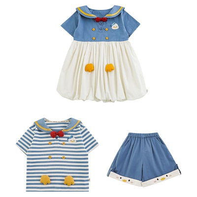 幼悠 女童2025夏季俏皮可爱海军风小鸭花苞裙/翻领衬衫短裤套装潮