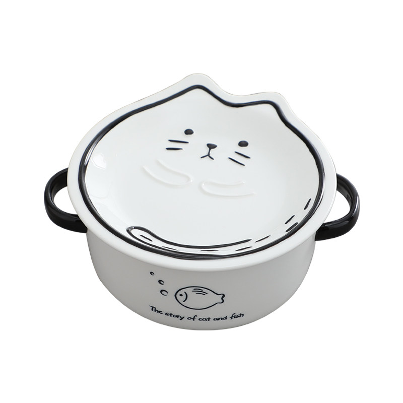 猫与鱼可爱卡通双耳陶瓷带盖泡面碗