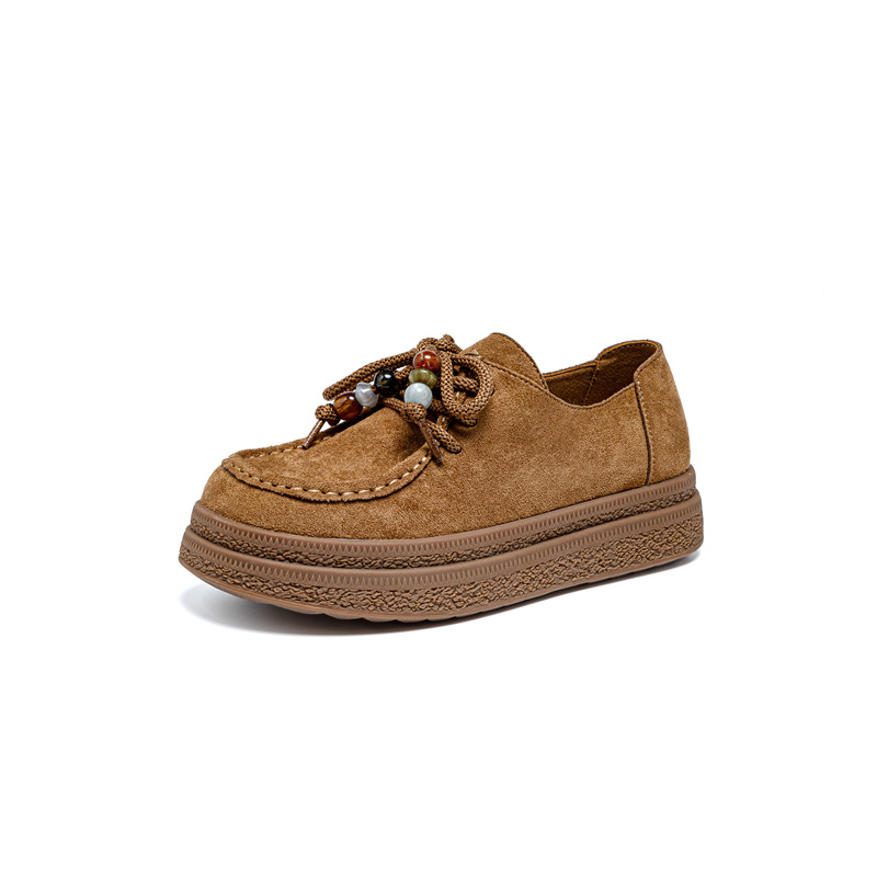 真皮磨砂翻毛皮大码女鞋41到43厚底平底软底复古圆头休闲乐福单鞋