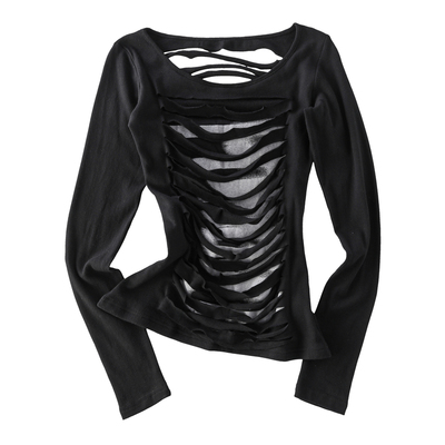 美式复古辣妹镂空印花长袖T恤