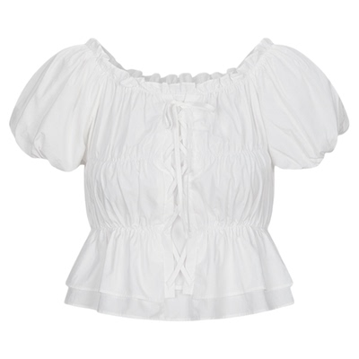 MOUSSY 夏季新品泡泡袖捏褶系带短袖衬衫女028ISA30-1001