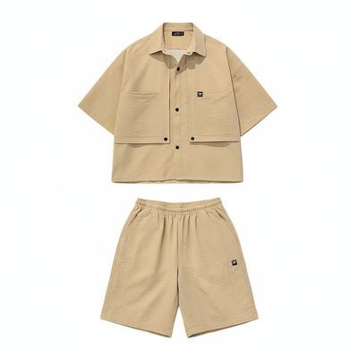 冰丝短袖衬衫男套装12夏季新款潮牌15岁休闲衬衣短裤男装两件套13