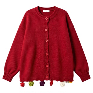 红色文艺复古立体花朵毛衣外套女春秋新款宽松慵懒风针织开衫上衣