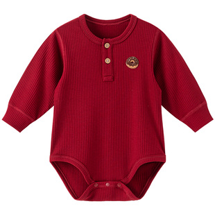 木生棉宝宝弹力连体衣秋冬婴儿三角哈衣红色喜庆周岁新年服包屁衣