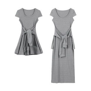 愉悦喻悦灰色短袖绑带气质连衣裙女夏季韩系高级修身收腰长款裙子