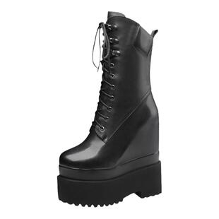 新款超高跟真皮女鞋16cm内增高马丁靴厚底坡跟中筒显瘦时尚单靴女