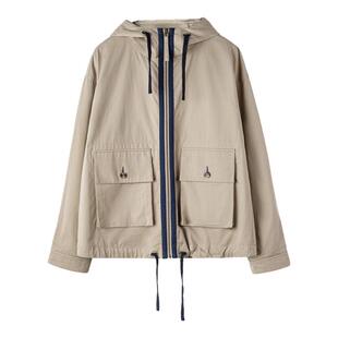 马登工装美式复古多口袋夹克纯棉帆布卡其色立领连帽薄款外套男春