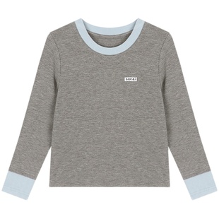 Amybaby女童上衣春夏季2025新款纯色百搭休闲风拼接圆领长袖T恤