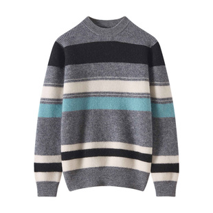 儿童半高领100%纯山羊绒衫冬季拼色条纹针织上衣男童内搭加厚毛衣