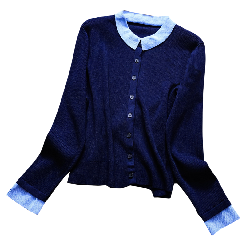 撞色翻领显瘦修身H版型时尚开衫2025秋新款长袖百搭女针织衫B314