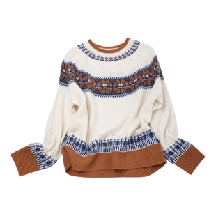 LEMAER乐玛尔 法单一线成衣绒毛混纺费尔岛提花针织衫女撞色毛衣