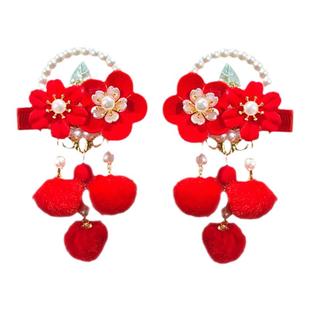 儿童新年头饰女童红色古风流苏喜庆发夹中国风过年发饰女孩2025年