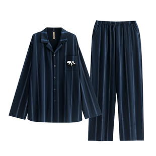 家乐芬睡衣男士春秋款纯棉长袖家居服条纹熊猫套装四季开衫可外穿