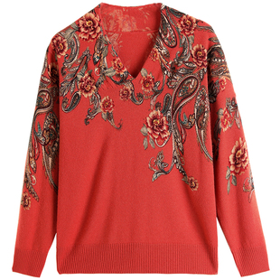 品牌女装纯羊毛针织衫秋冬本命年红色妈妈外穿毛衣新款V领打底衫