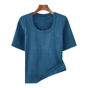 秋冬新款U领纯欲修身显瘦纯色加绒加厚保暖中袖体恤上衣女打底衫