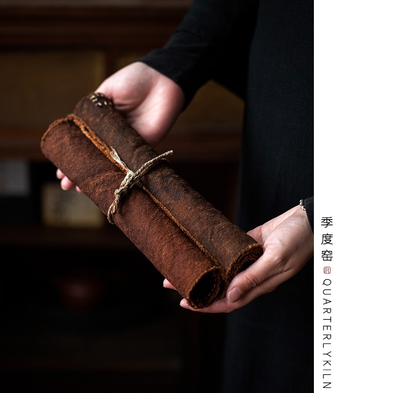 季度窑柿染茶席老柿布茶席手工夏布茶巾茶桌垫布亚麻小茶布香云纱