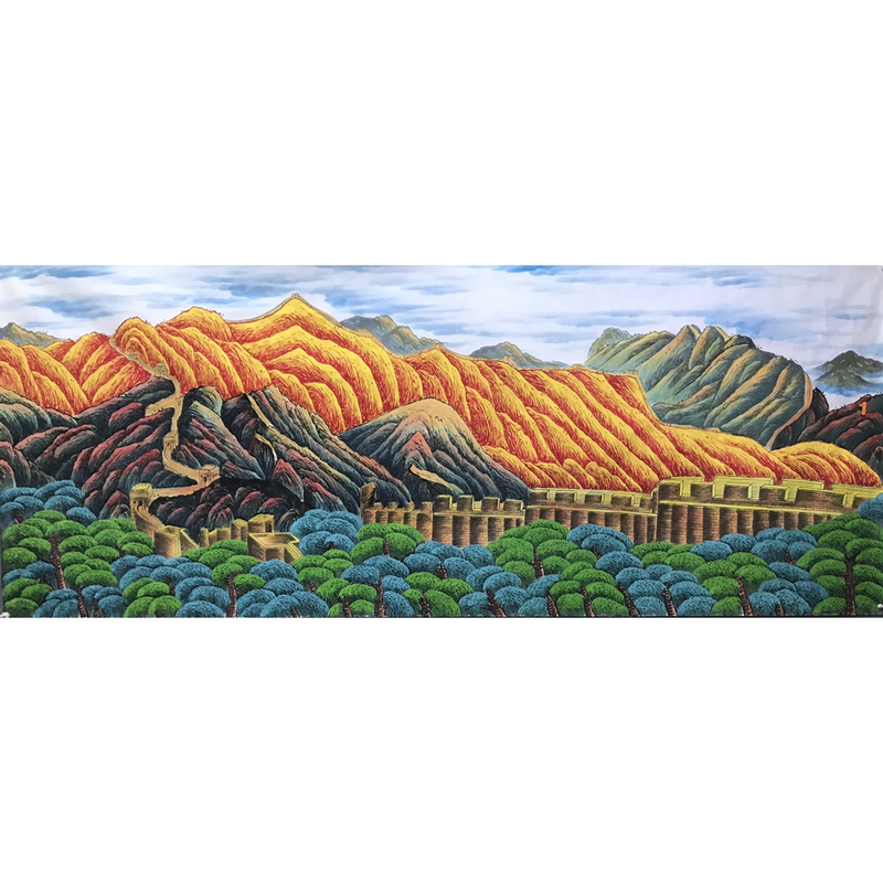 纯手绘大丈二长城风景国画装饰画艺术画现代横幅金色背景靠山挂画