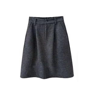 深灰色花苞中裙秋冬毛呢半身裙大码女装小个子短裙梨形伯克利裙子